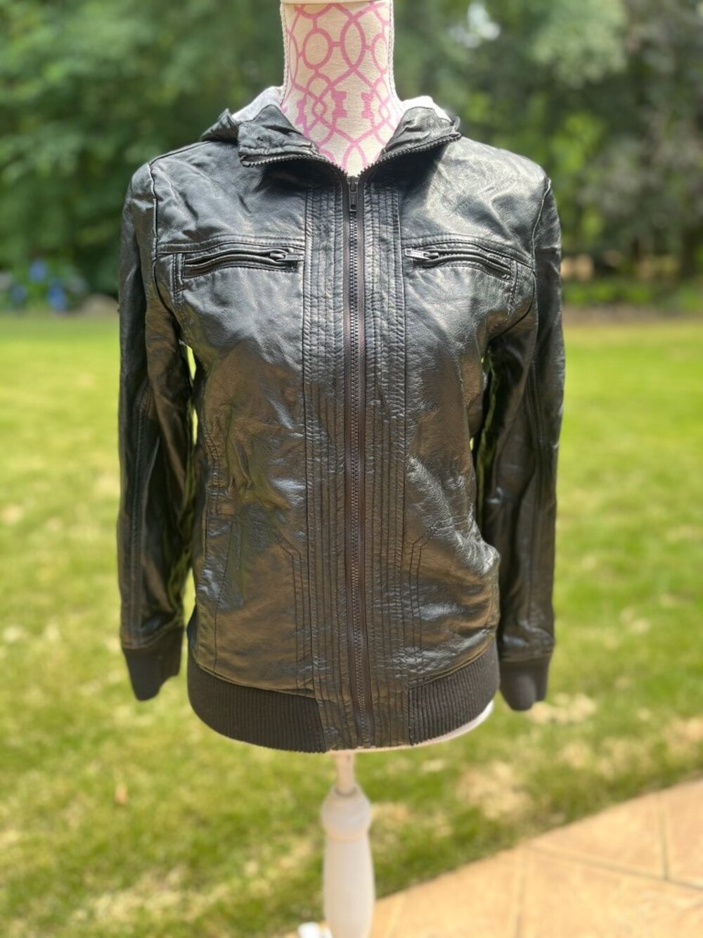 Helix No.13 Black Hooded Faux Leather Moto Jacket Women's M